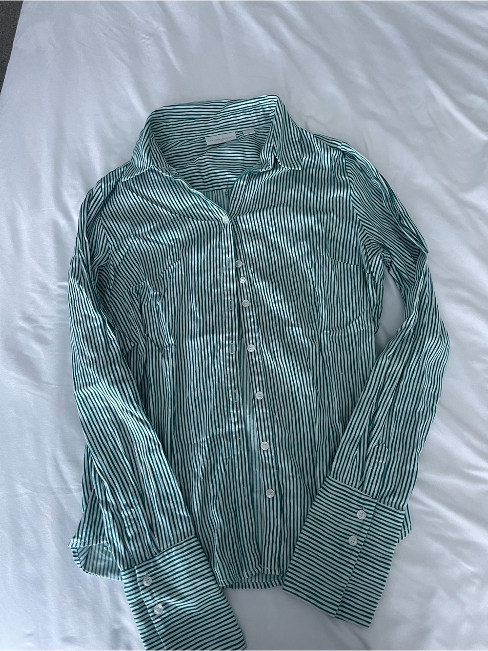 New York & Company Green and White Striped Button-Down Shirt